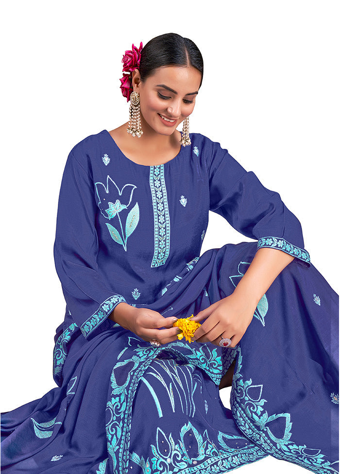 3 Pc Blue Readymade Viscose Suit Set - Indian Silk House Agencies