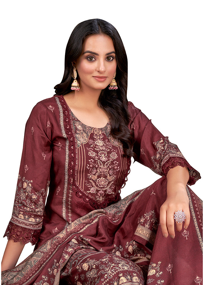 3 Pc Wine Readymade Silk Suit Set - Indian Silk House Agencies