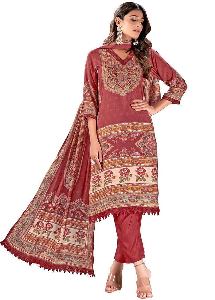 3 Pc Maroon Readymade Silk Suit Set - Indian Silk House Agencies