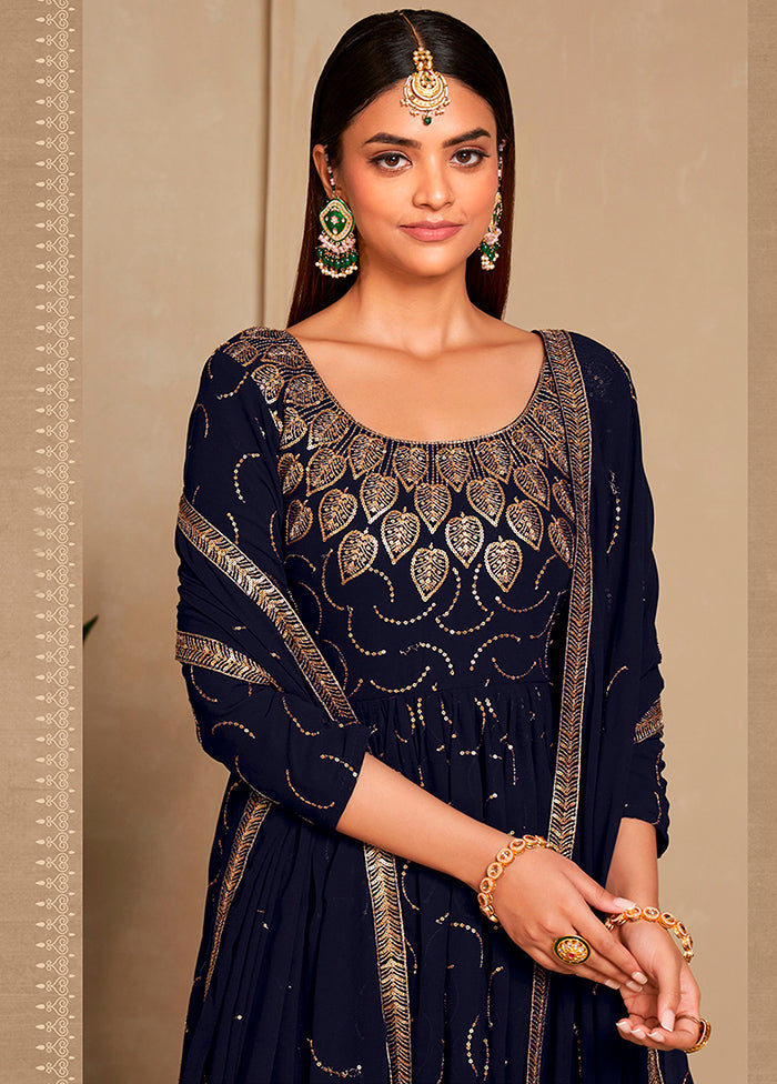 Navy Blue Semi Stitched Georgette Indian Dress - Indian Silk House Agencies