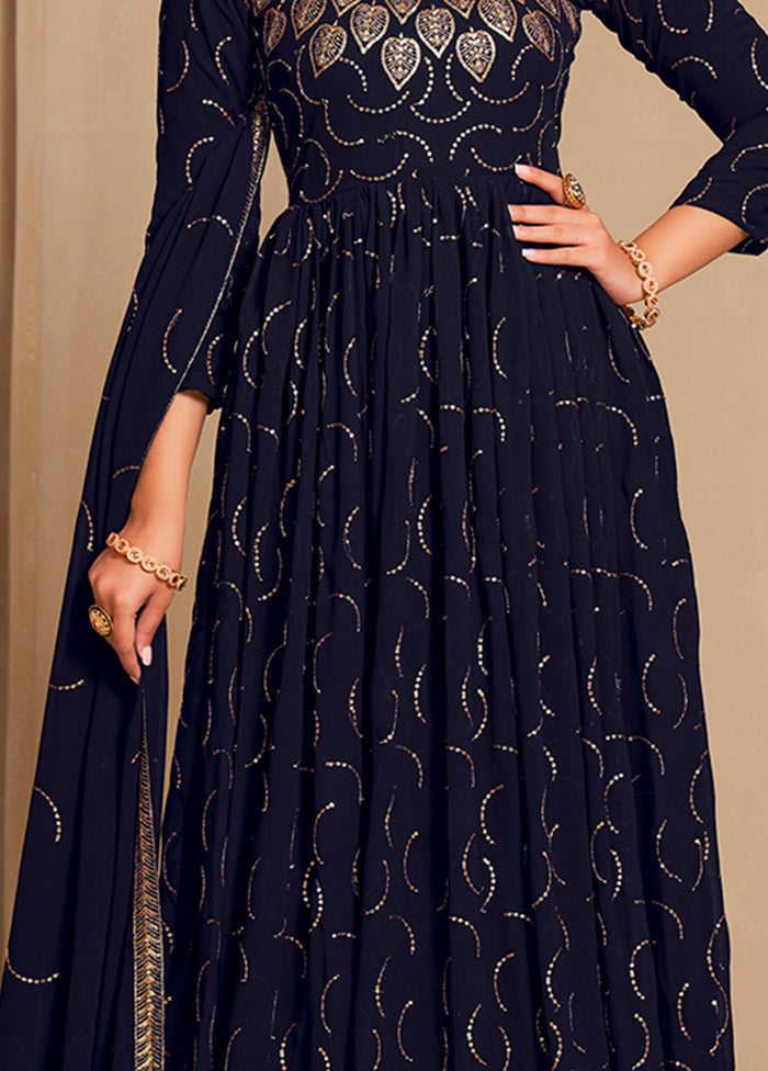 Navy Blue Semi Stitched Georgette Indian Dress - Indian Silk House Agencies