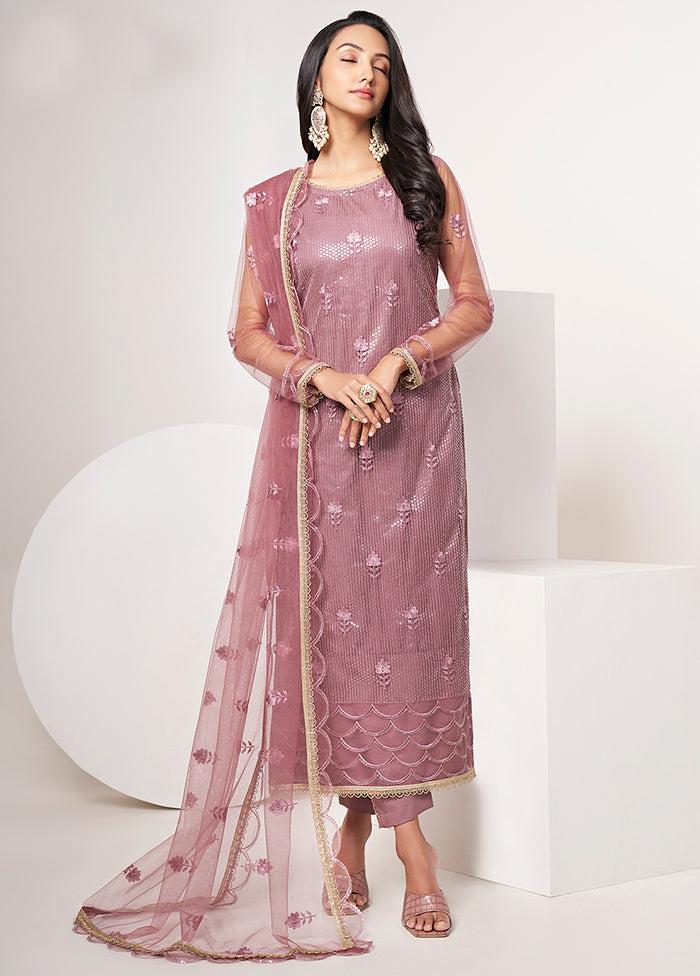 3 Pc Purple Semi Stitched Net Suit Set - Indian Silk House Agencies