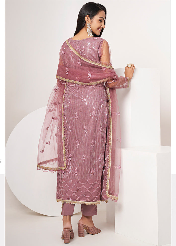 3 Pc Purple Semi Stitched Net Suit Set - Indian Silk House Agencies