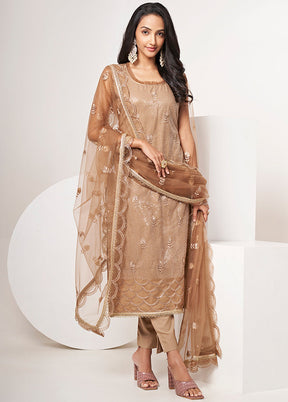 3 Pc Brown Semi Stitched Net Suit Set - Indian Silk House Agencies