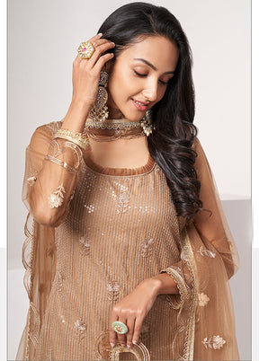 3 Pc Brown Semi Stitched Net Suit Set - Indian Silk House Agencies