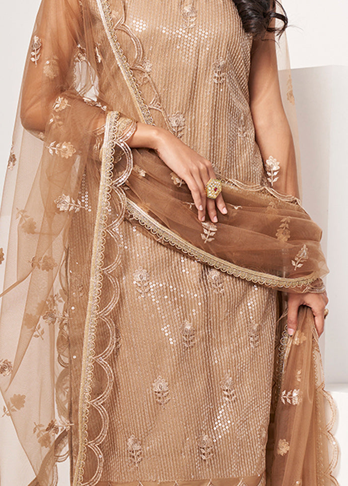 3 Pc Brown Semi Stitched Net Suit Set - Indian Silk House Agencies