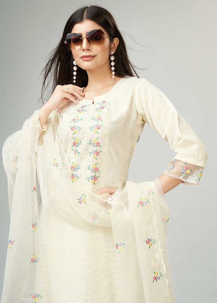 3 Pc Cream Readymade Viscose Suit Set - Indian Silk House Agencies
