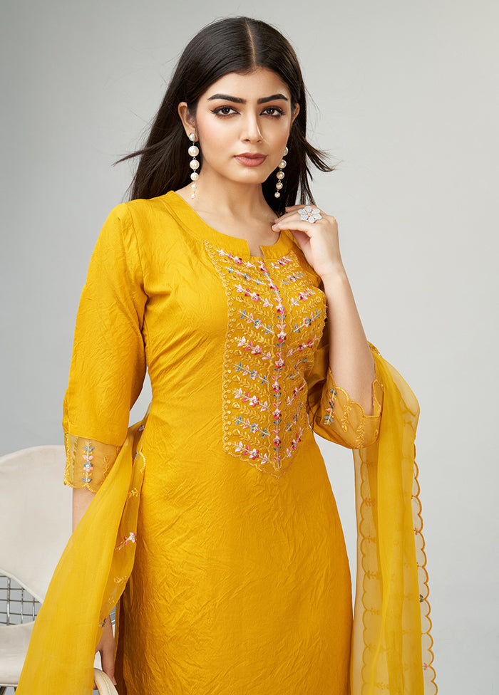 3 Pc Yellow Readymade Viscose Suit Set - Indian Silk House Agencies