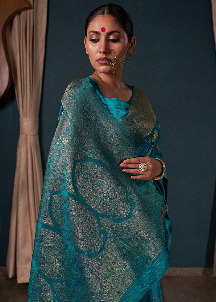 Teal Blue Dupion Silk Saree With Blouse Piece - Indian Silk House Agencies