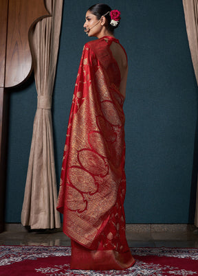 Red Dupion Silk Saree With Blouse Piece - Indian Silk House Agencies