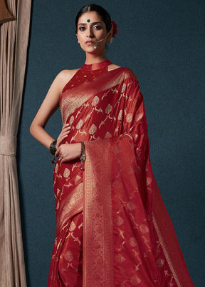 Red Dupion Silk Saree With Blouse Piece - Indian Silk House Agencies