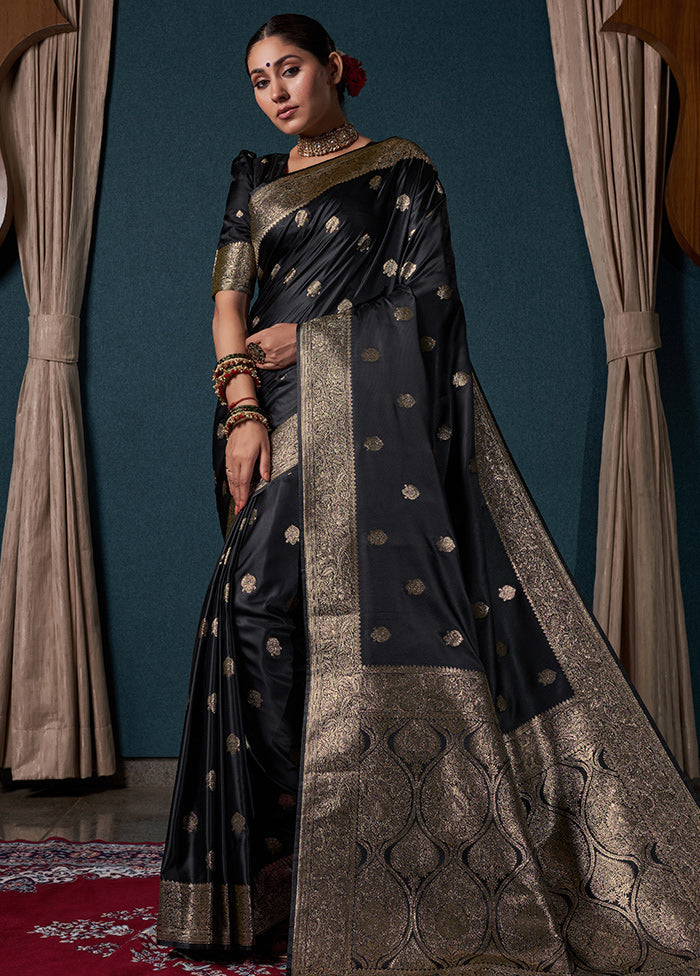 Black Dupion Silk Saree With Blouse Piece - Indian Silk House Agencies