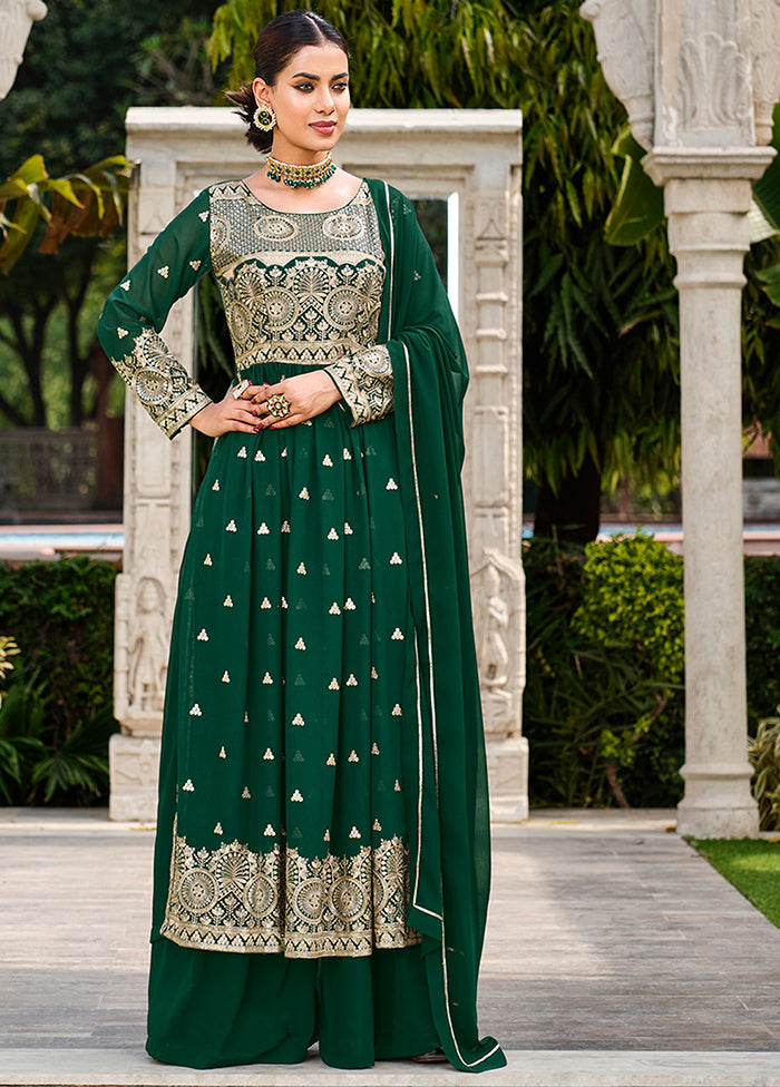 3 Pc Green Semi Stitched Georgette Suit Set - Indian Silk House Agencies