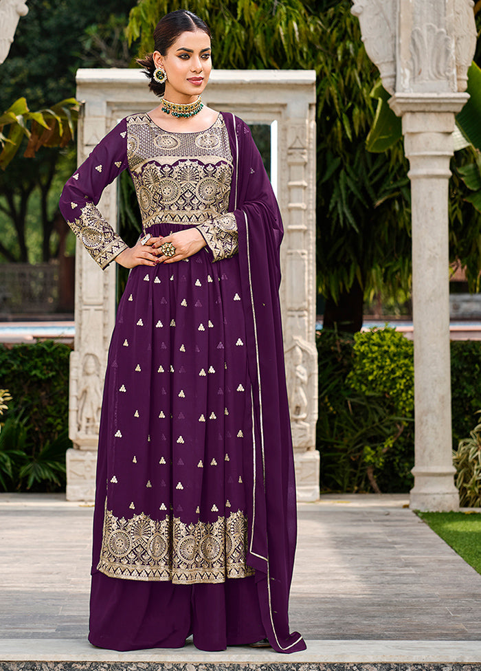 3 Pc Purple Semi Stitched Georgette Suit Set - Indian Silk House Agencies