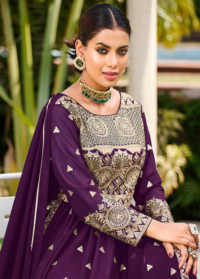 3 Pc Purple Semi Stitched Georgette Suit Set - Indian Silk House Agencies