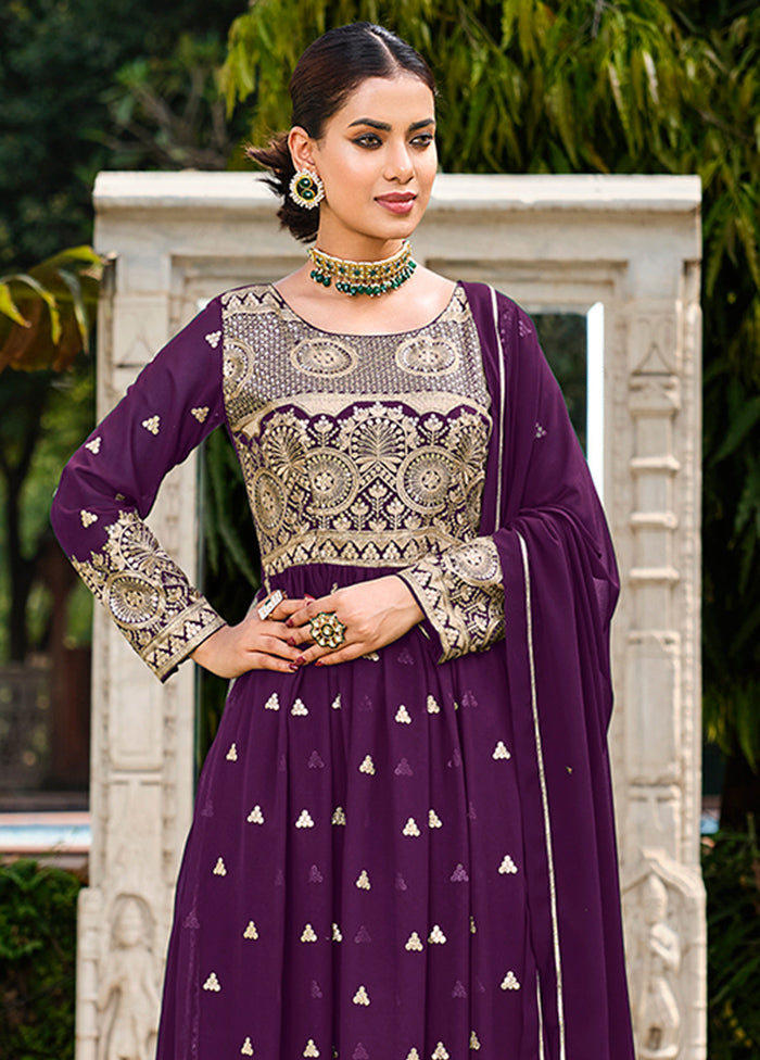 3 Pc Purple Semi Stitched Georgette Suit Set - Indian Silk House Agencies