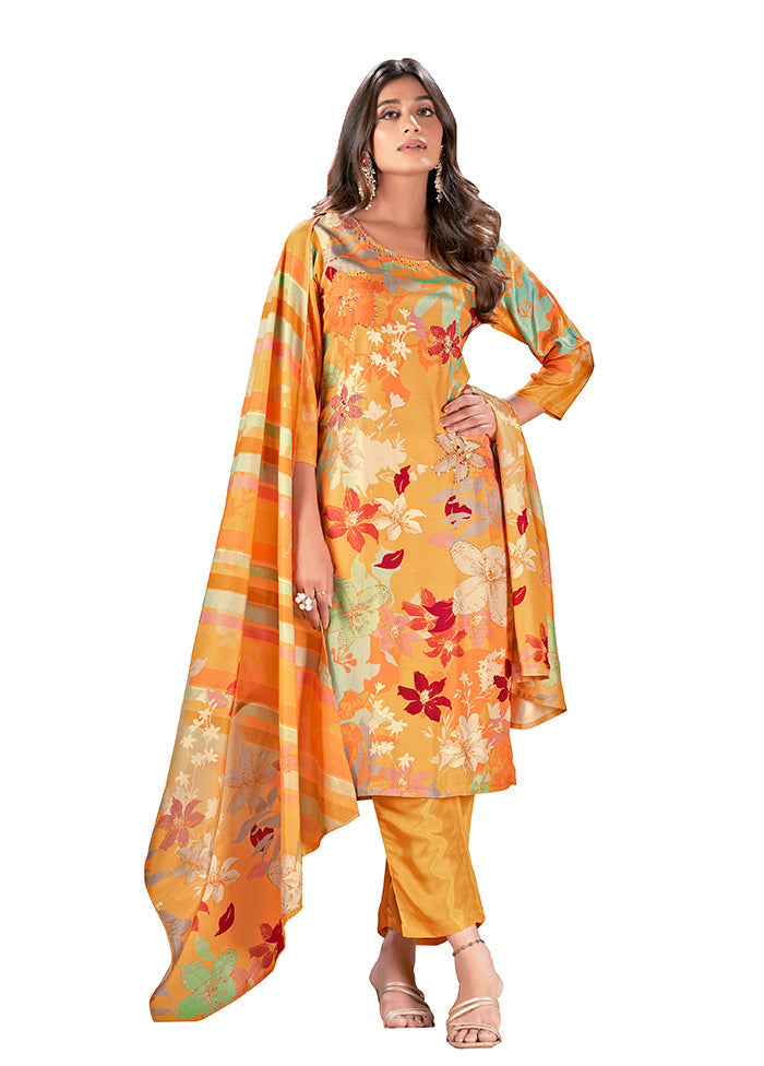 3 Pc Yellow Readymade Silk Suit Set - Indian Silk House Agencies