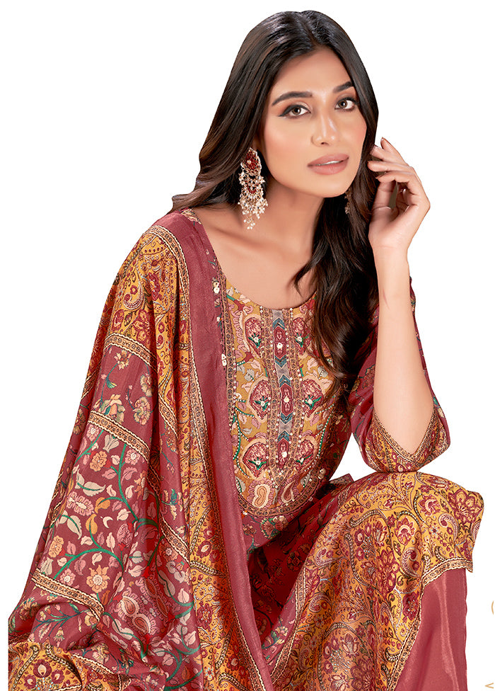 3 Pc Maroon Readymade Silk Suit Set - Indian Silk House Agencies