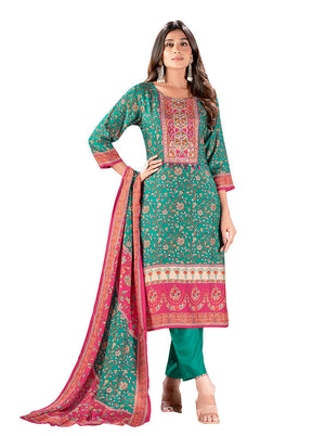 3 Pc Teal Readymade Silk Suit Set - Indian Silk House Agencies