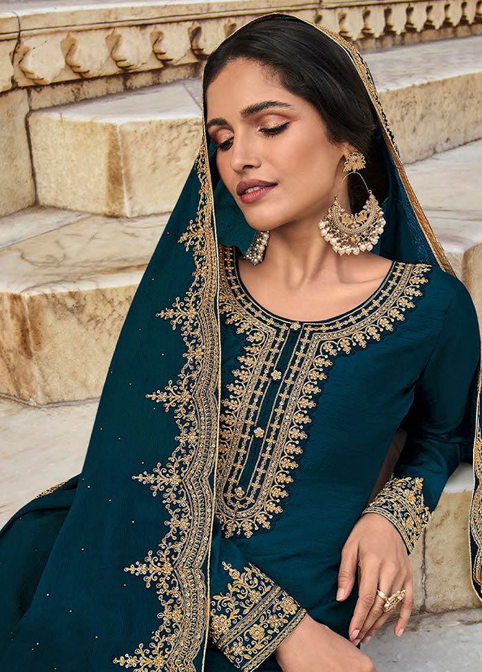 3 Pc Blue Semi Stitched Silk Suit Set - Indian Silk House Agencies