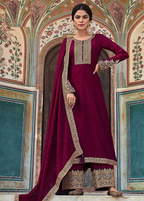 3 Pc Purple Semi Stitched Silk Suit Set - Indian Silk House Agencies