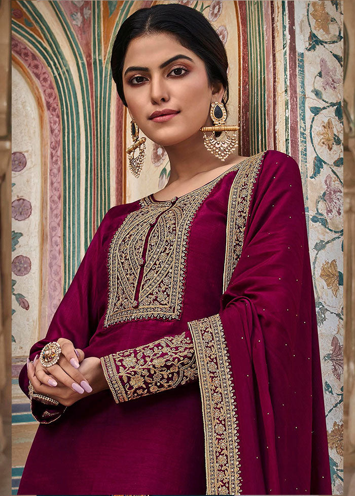 3 Pc Purple Semi Stitched Silk Suit Set - Indian Silk House Agencies