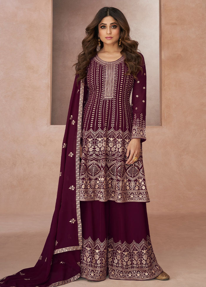 3 Pc Wine Semi Stitched Georgette Suit Set - Indian Silk House Agencies