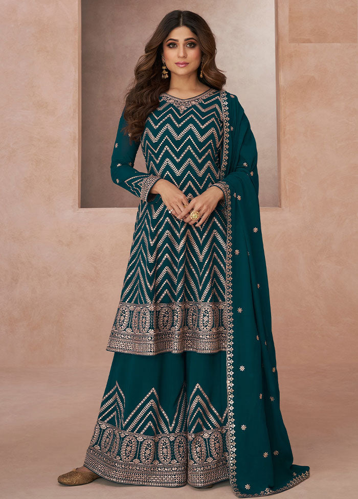 3 Pc Blue Semi Stitched Georgette Suit Set - Indian Silk House Agencies