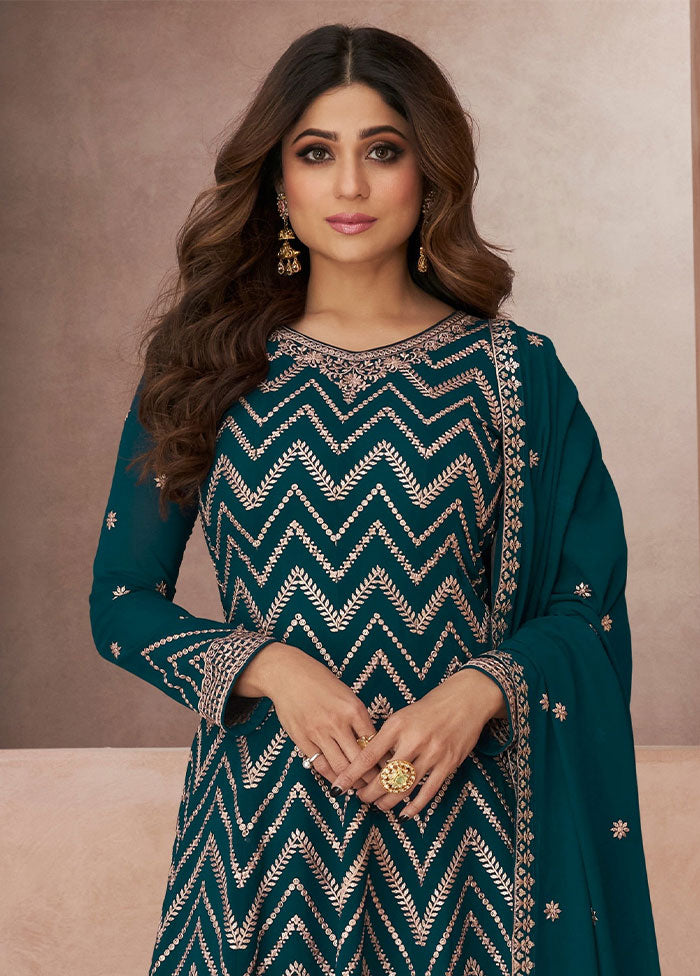 3 Pc Blue Semi Stitched Georgette Suit Set - Indian Silk House Agencies