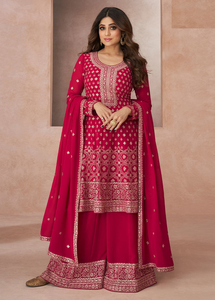 3 Pc Pink Semi Stitched Georgette Suit Set - Indian Silk House Agencies