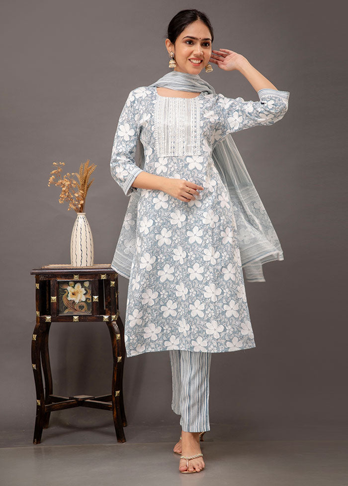 3 Pc Blue Readymade Cotton Suit Set - Indian Silk House Agencies