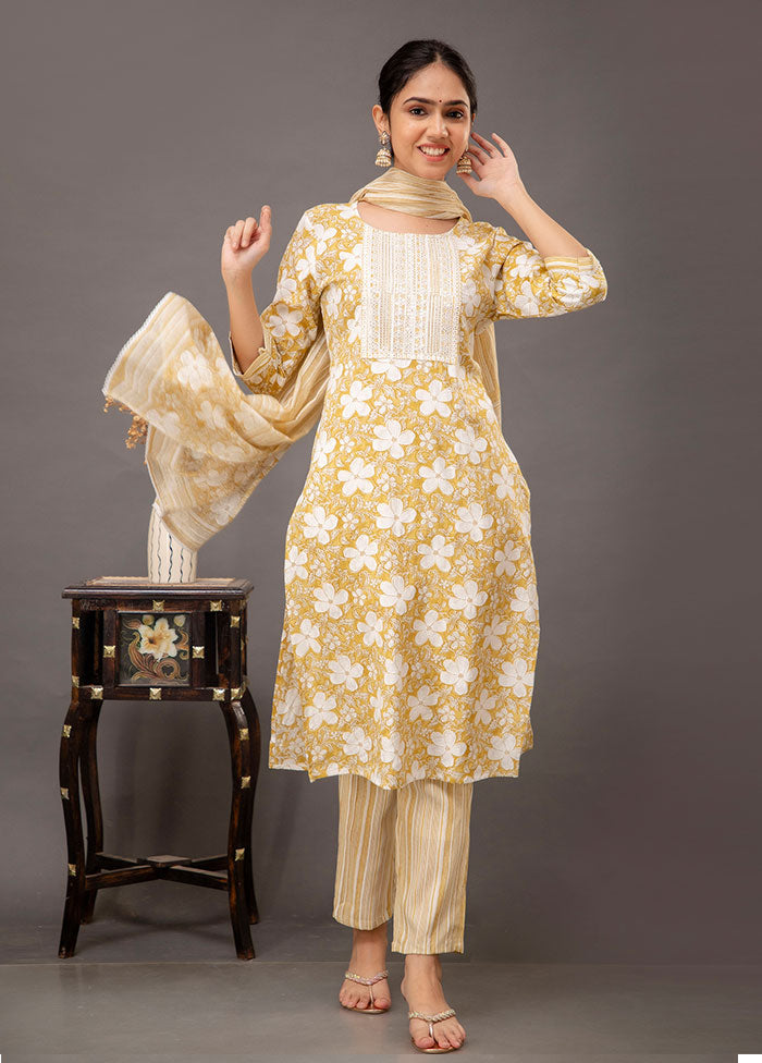 3 Pc Yellow Readymade Cotton Suit Set - Indian Silk House Agencies