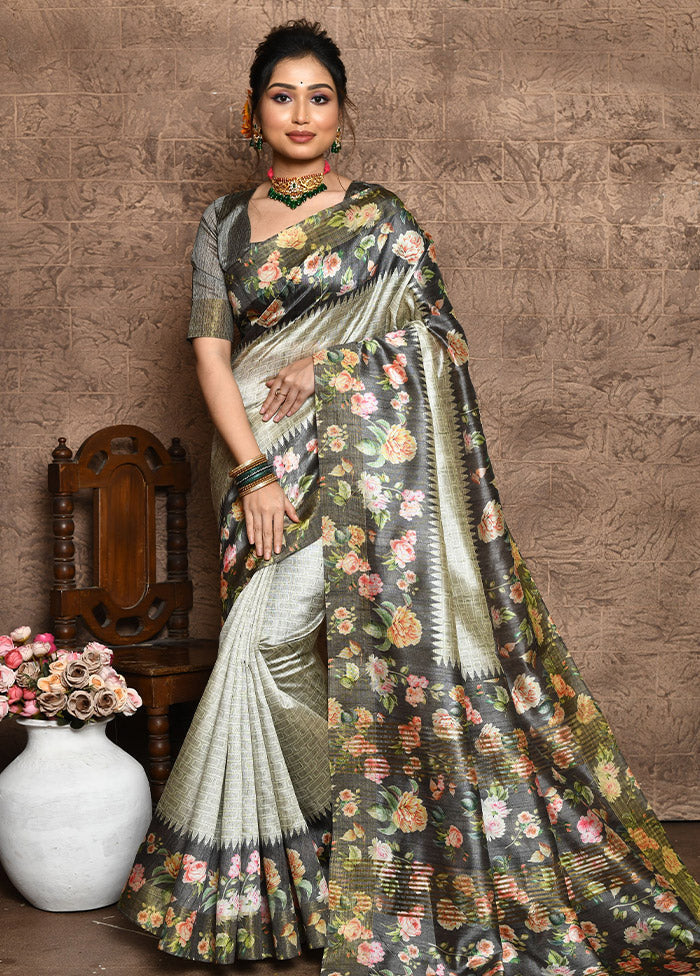 Grey Dupion Silk Saree With Blouse Piece - Indian Silk House Agencies