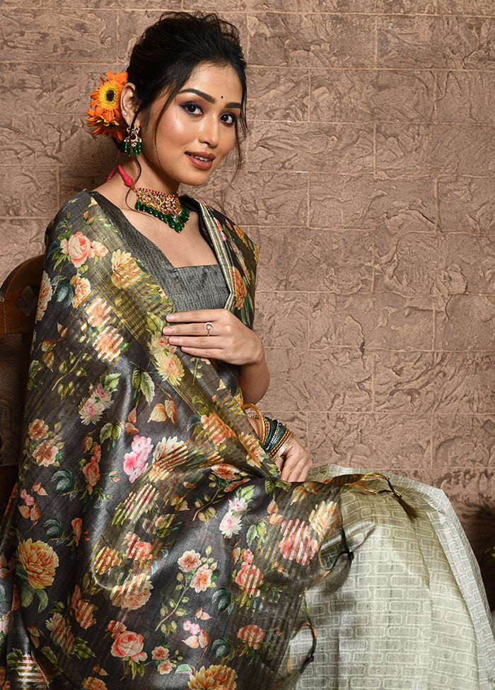 Grey Dupion Silk Saree With Blouse Piece - Indian Silk House Agencies