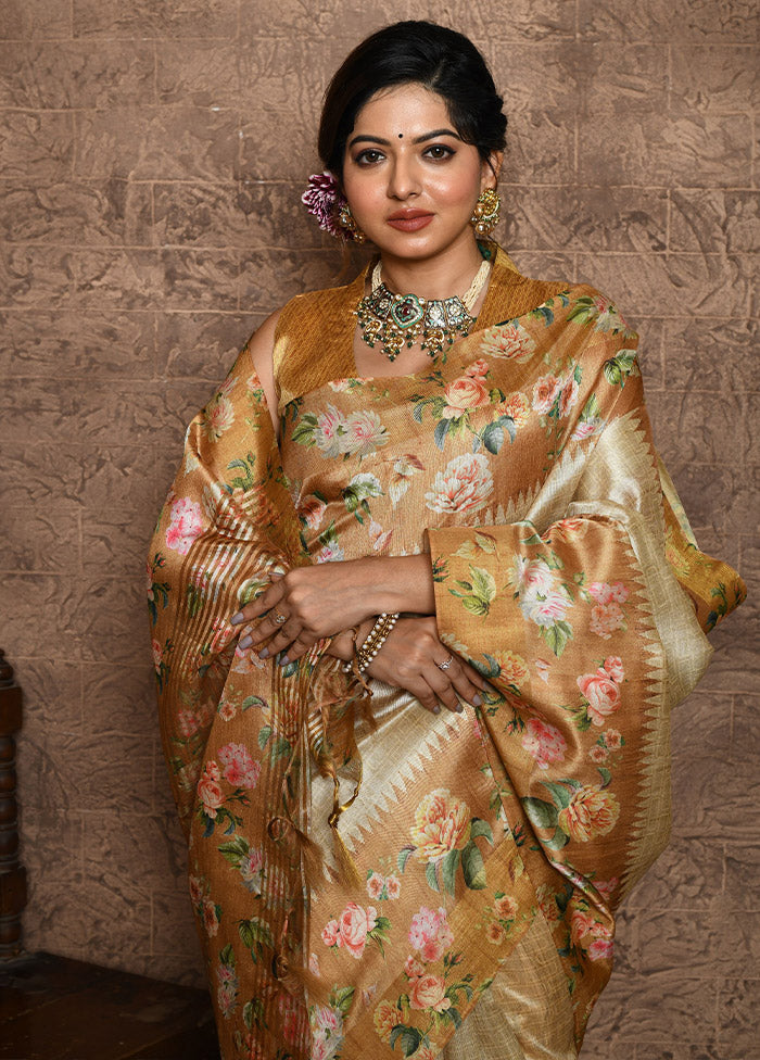 Mustard Dupion Silk Saree With Blouse Piece - Indian Silk House Agencies