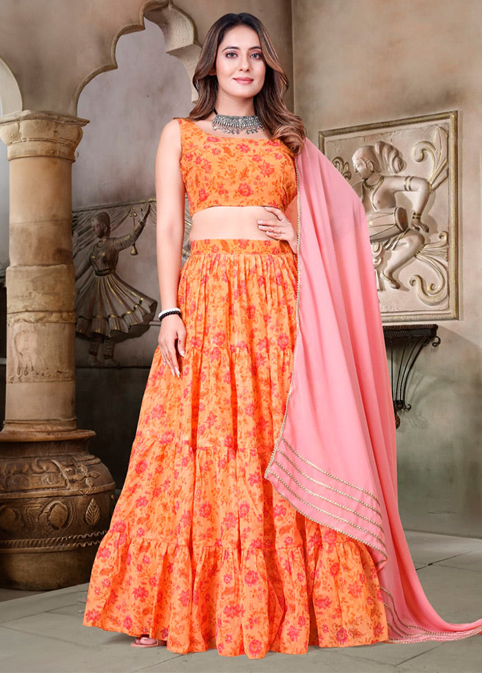 3 Pc Orange Net Semi Stitched Lehenga Set