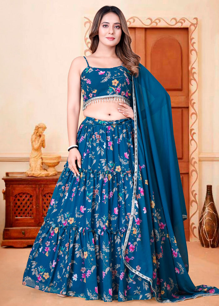 3 Pc Blue Net Semi Stitched Lehenga Set - Indian Silk House Agencies