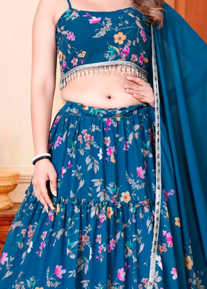 3 Pc Blue Net Semi Stitched Lehenga Set - Indian Silk House Agencies
