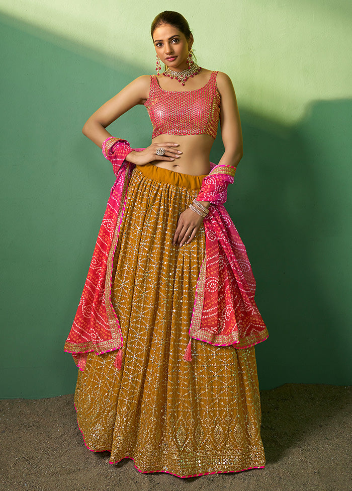 3 Pc Mustard Georgette Semi Stitched Lehenga Set - Indian Silk House Agencies