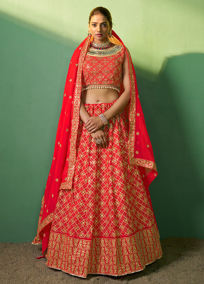 3 Pc Red Georgette Semi Stitched Lehenga Set