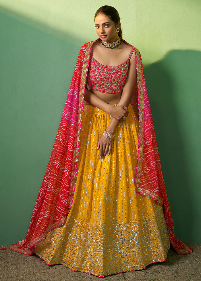 3 Pc Mustard Georgette Semi Stitched Lehenga Set - Indian Silk House Agencies