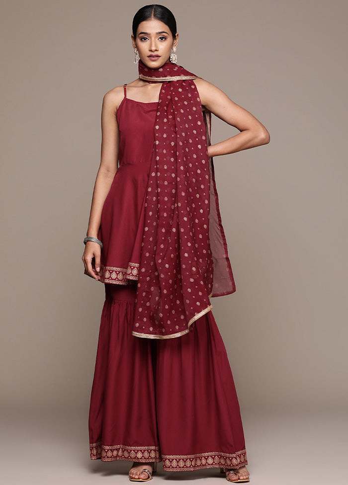 3 Pc Maroon Readymade Silk Suit Set - Indian Silk House Agencies