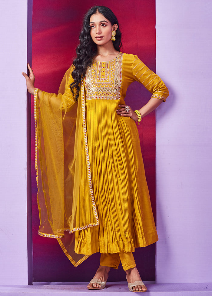 3 Pc Mustard Readymade Silk Suit Set - Indian Silk House Agencies