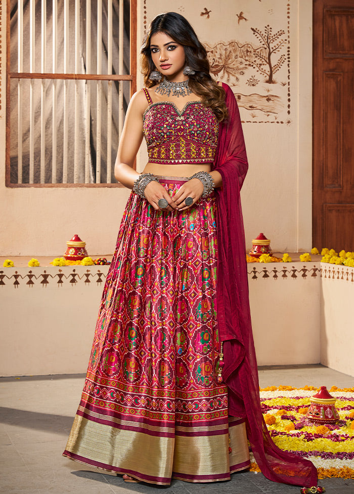 3 Pc Maroon Silk Semi Stitched Lehenga Set