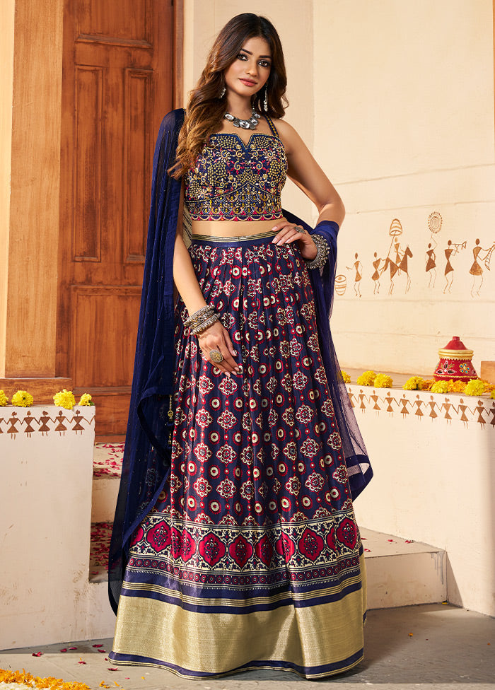 3 Pc Blue Silk Semi Stitched Lehenga Set