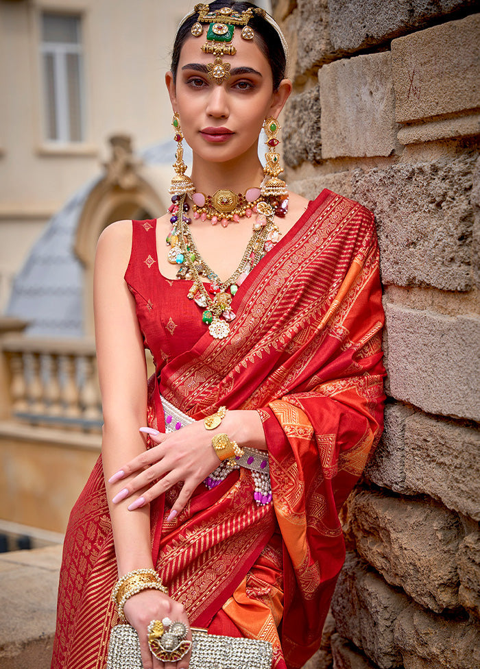 Red Dupion Silk Saree With Blouse Piece - Indian Silk House Agencies