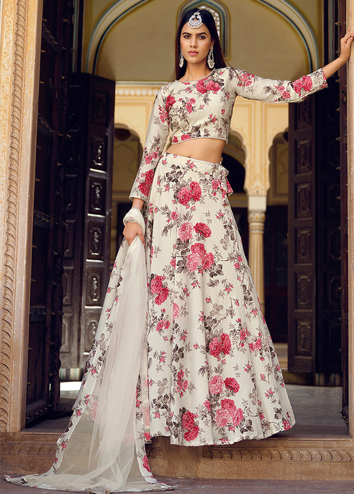 3 Pc White Silk Semi Stitched Lehenga Set