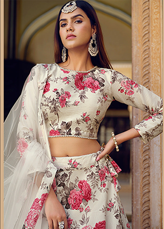 3 Pc White Silk Semi Stitched Lehenga Set