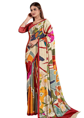 Multicolor Dupion Silk Saree With Blouse Piece - Indian Silk House Agencies