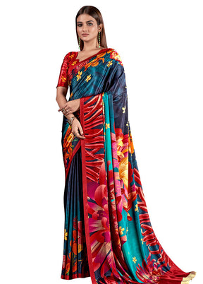 Blue Dupion Silk Saree With Blouse Piece - Indian Silk House Agencies